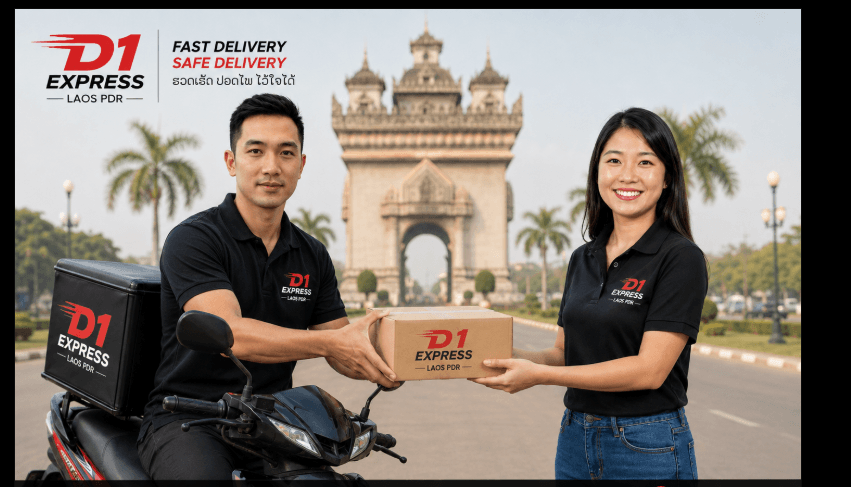 A D1Express rider handing a package to a customer in front of the Patuxai monument in Vientiane, Laos